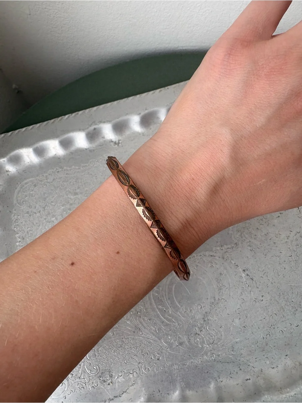 Engraved Copper Cuff Bracelet - Warm Metallic